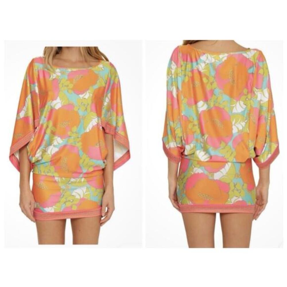 Trina Turk Floral Tropical Tunic Mini Dress S Beach Cover Up Resort Wear